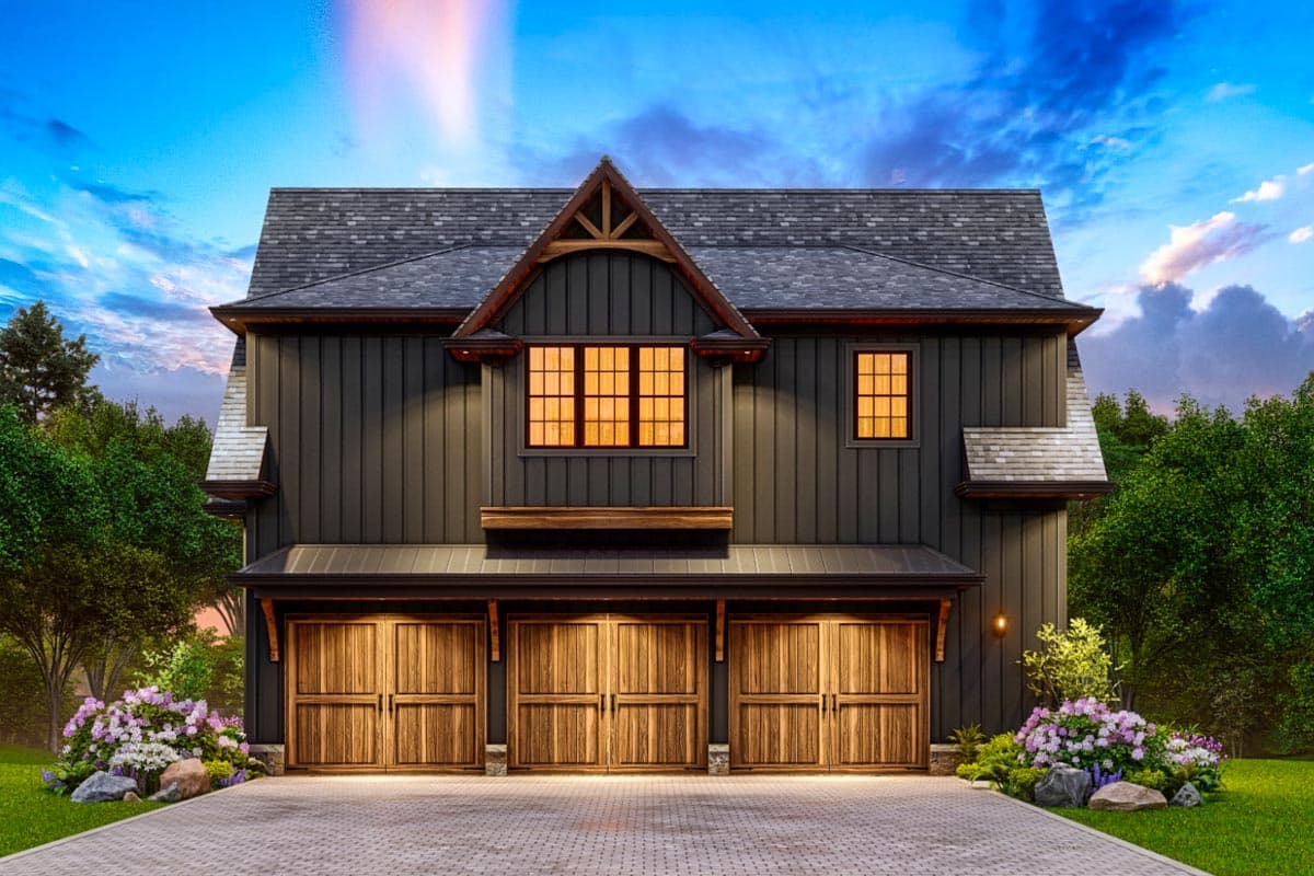 Modern Farmhouse house plan exterior with three-car garage, dark vertical siding, and prominent gable.