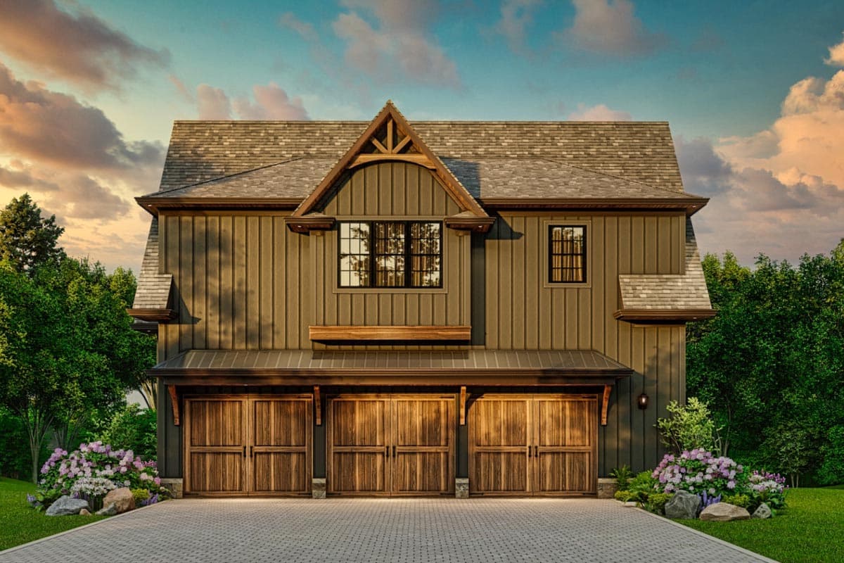 Modern Farmhouse house plan exterior with vertical siding, a prominent gable, dormers, and a three-bay garage.