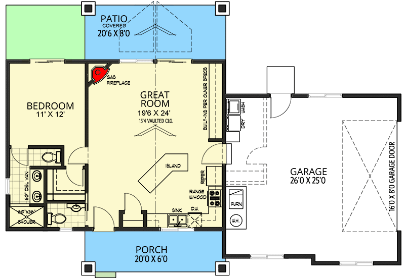 Plan 267012SPK: 800 Square Foot New American House Plan with 1 Bed and 2 Car Garage - Floor Plan - Main Level - Craftsman, New American, Ranch, Transitional