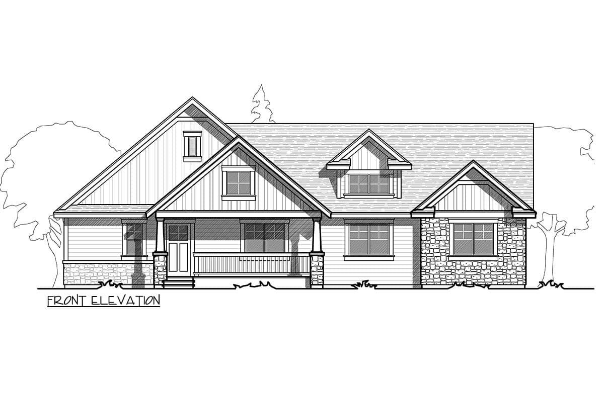Front elevation drawing of a house plan featuring a covered porch, dormers, gable, and stone accents.