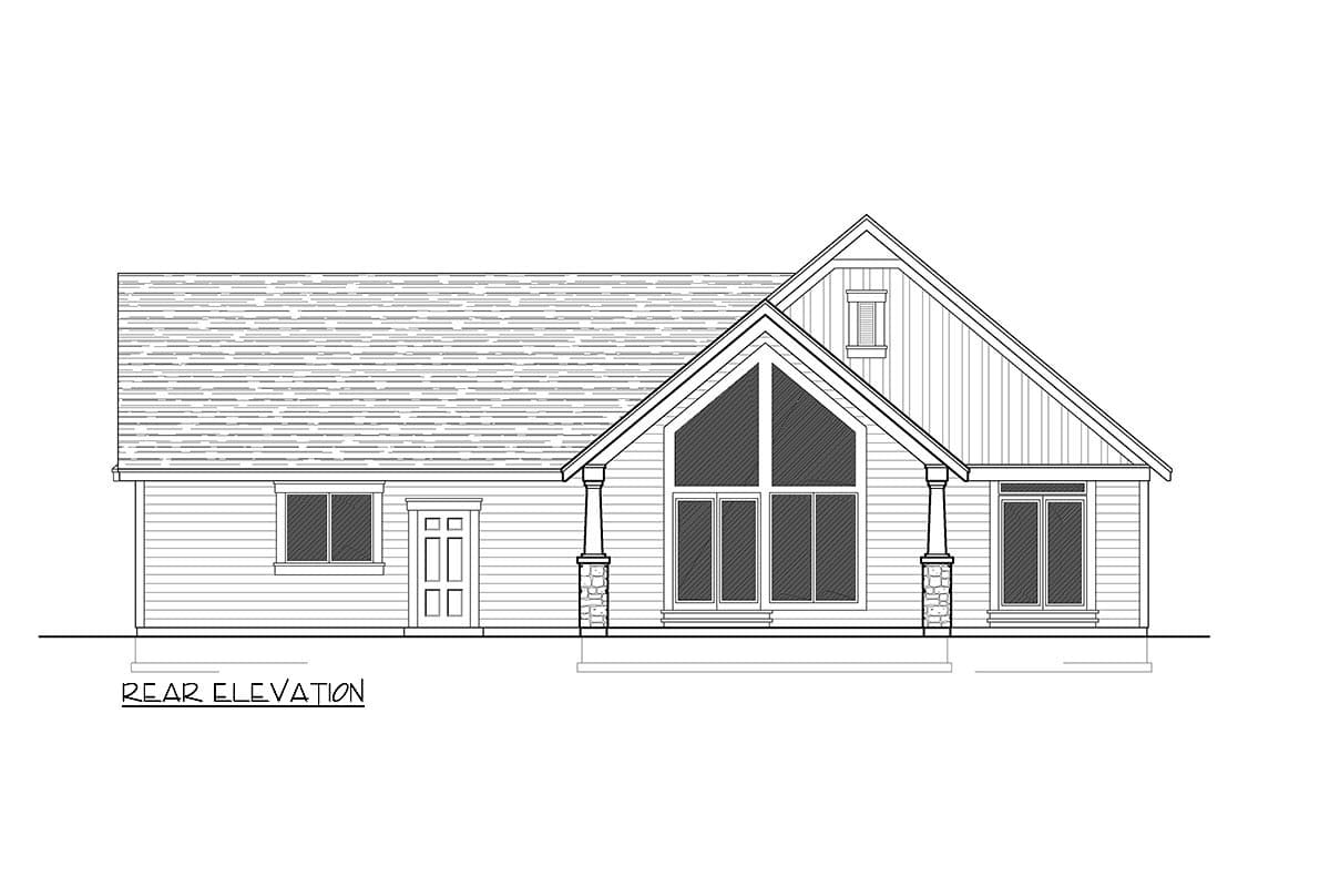 Rear elevation house plan with a prominent gable, large front-facing windows, and a covered entry with stone-clad columns.