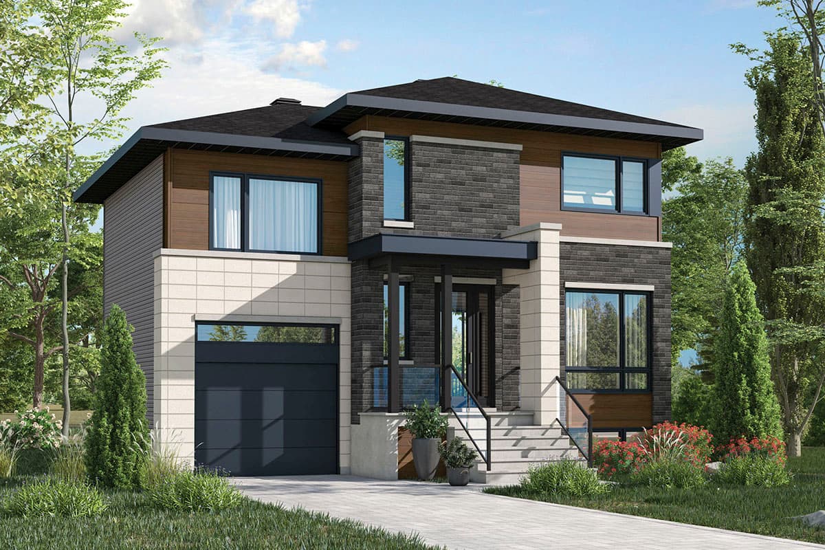 House plan exterior. Two-story modern house with a flat roof, prominent brick facade, recessed entry, and attached garage.