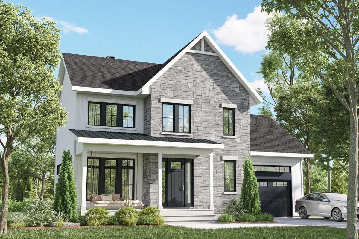 House plan exterior. Two-story Modern Farmhouse with stone facade, covered front porch, and gable roof. Includes attached garage.