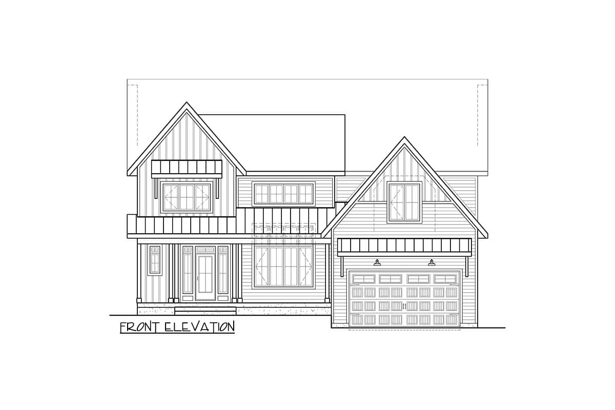 Front elevation house plan showing a two-story home with gables, a covered porch, and an attached garage.