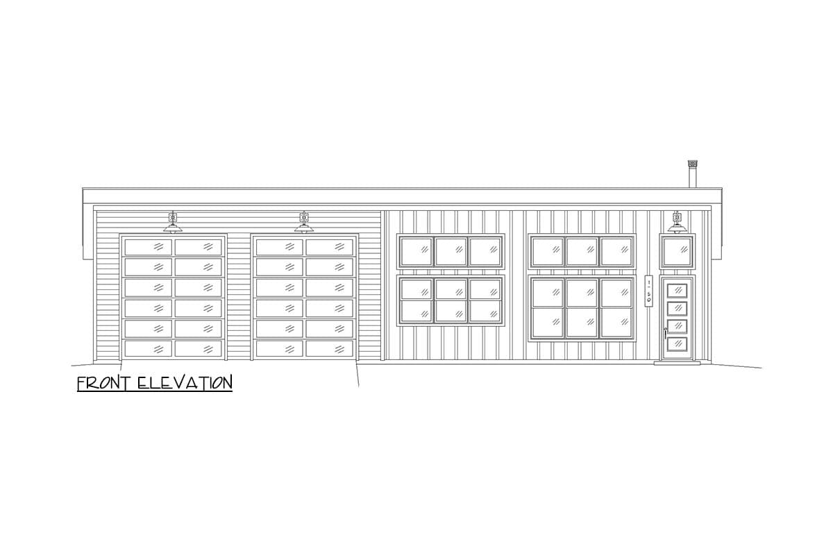 Front elevation drawing of a house plan with two garage doors, multiple windows, and an entry door.