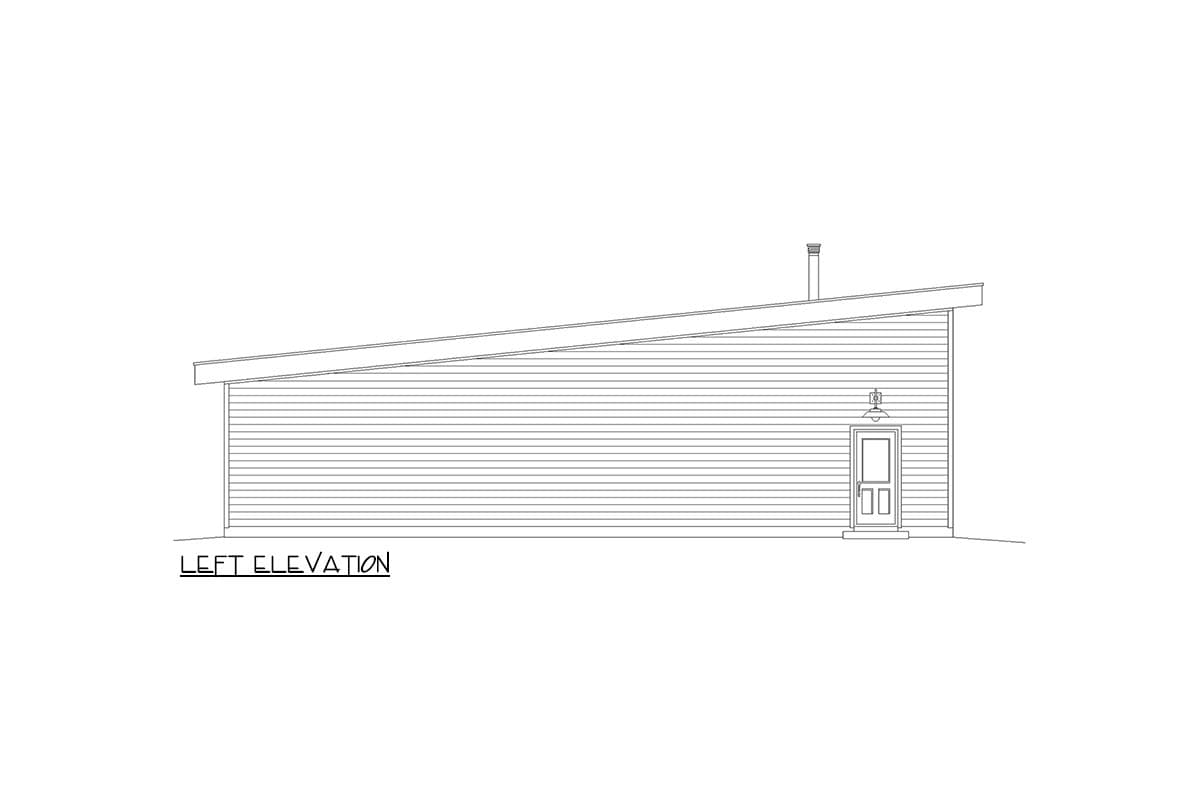 Left elevation drawing of a house with a shed roof, horizontal siding, a door, and a chimney.