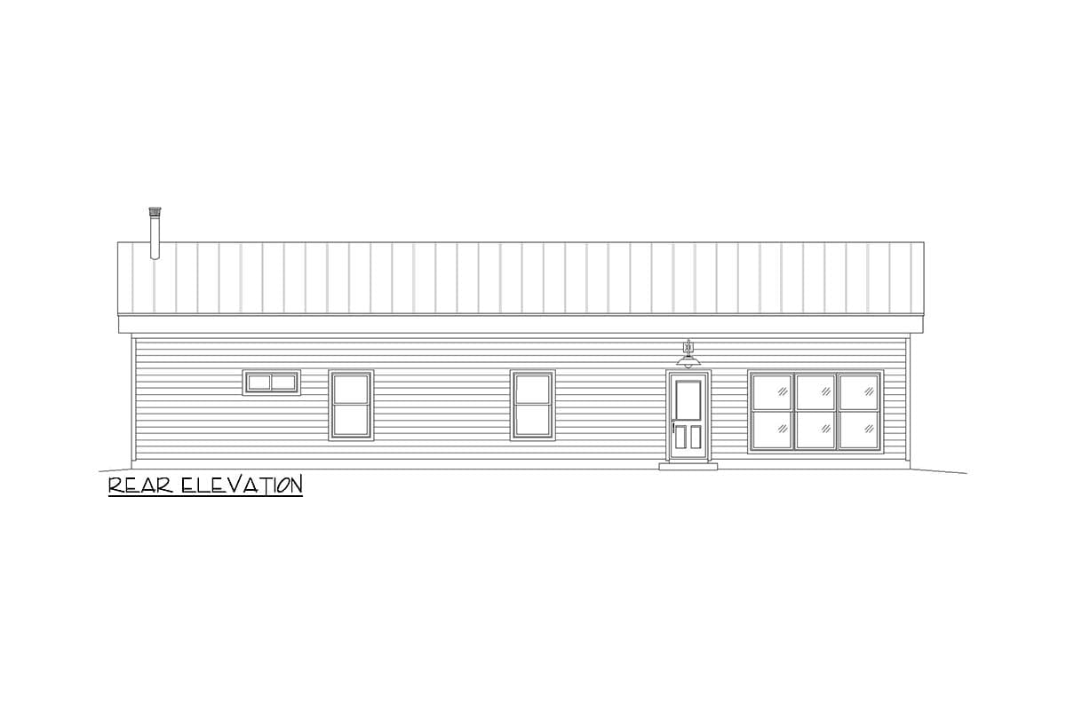 Rear elevation drawing of a house plan, showing horizontal siding, a metal roof, a chimney, one door, and six windows.