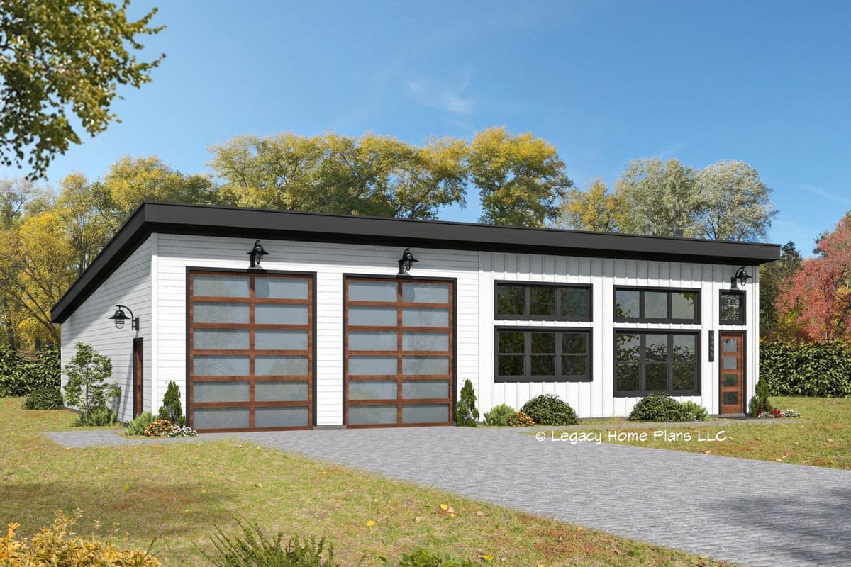 House plan exterior. Modern style with flat roof. Features include two glass panel garage doors, multiple windows, and a side entry door.