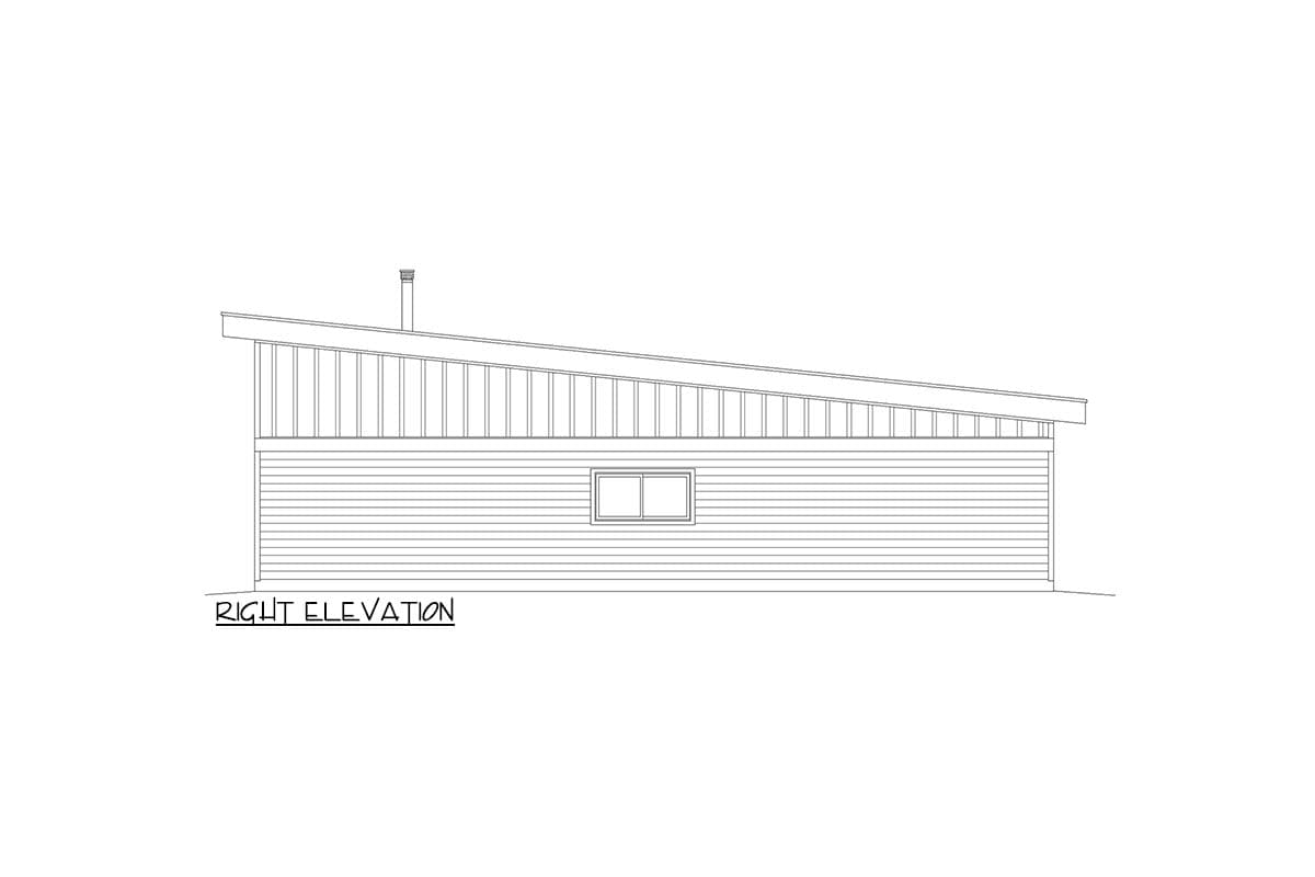 Right elevation drawing of a house plan featuring a shed roof, horizontal siding, and a single window.