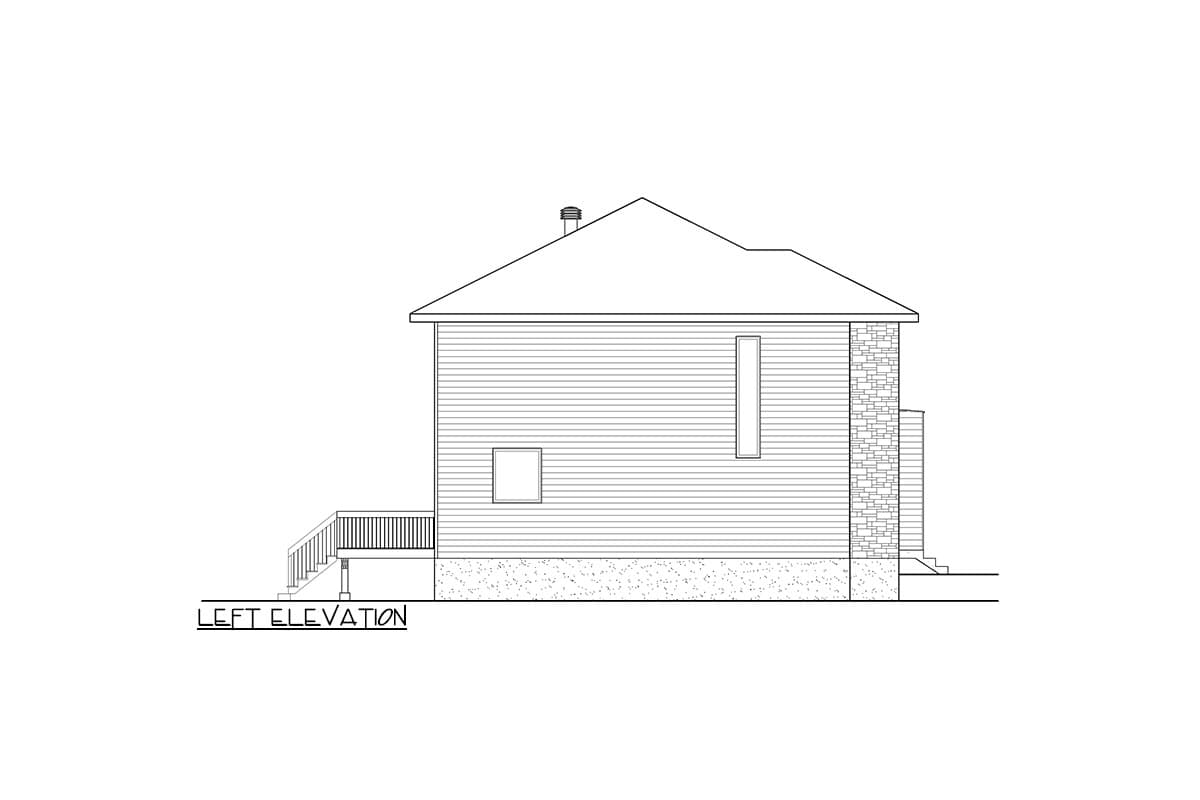 Left elevation drawing of a house with horizontal siding, a pitched roof, a deck, and a stone accent.