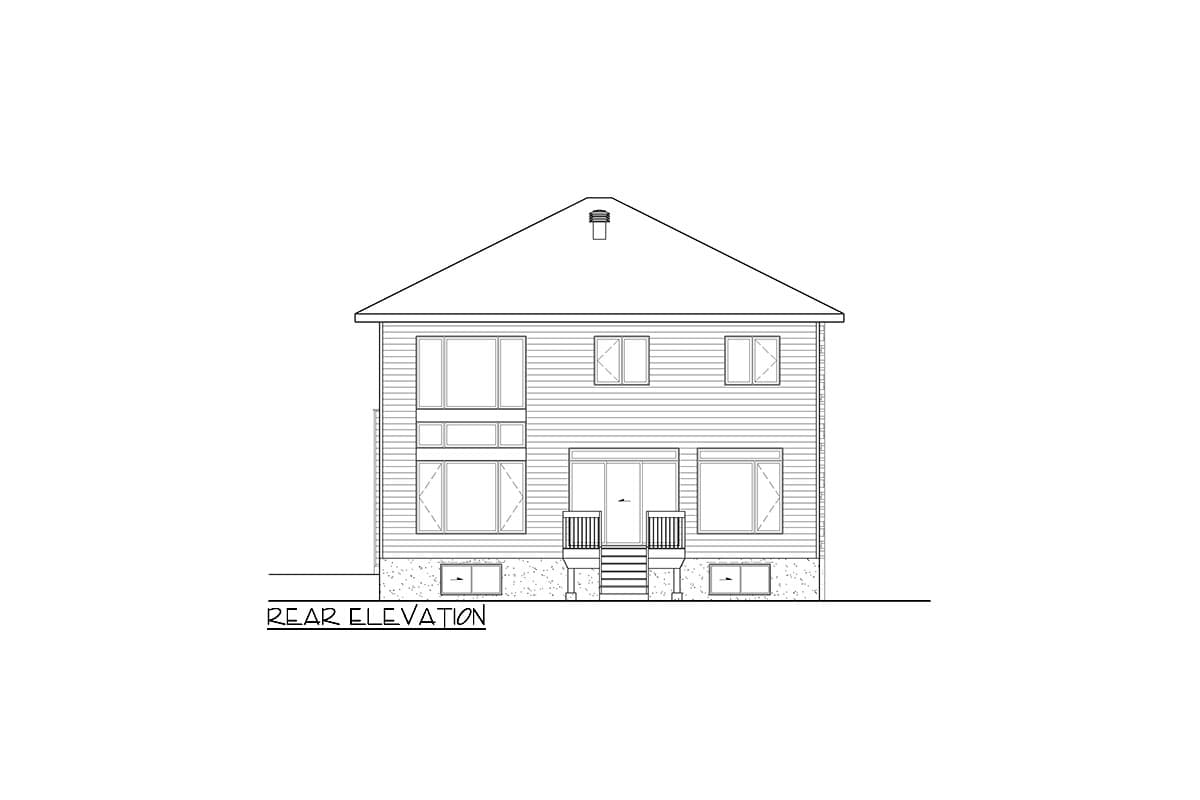 Rear elevation drawing of a two-story house plan featuring a prominent central gable, multiple window arrangements, and a deck with stairs.