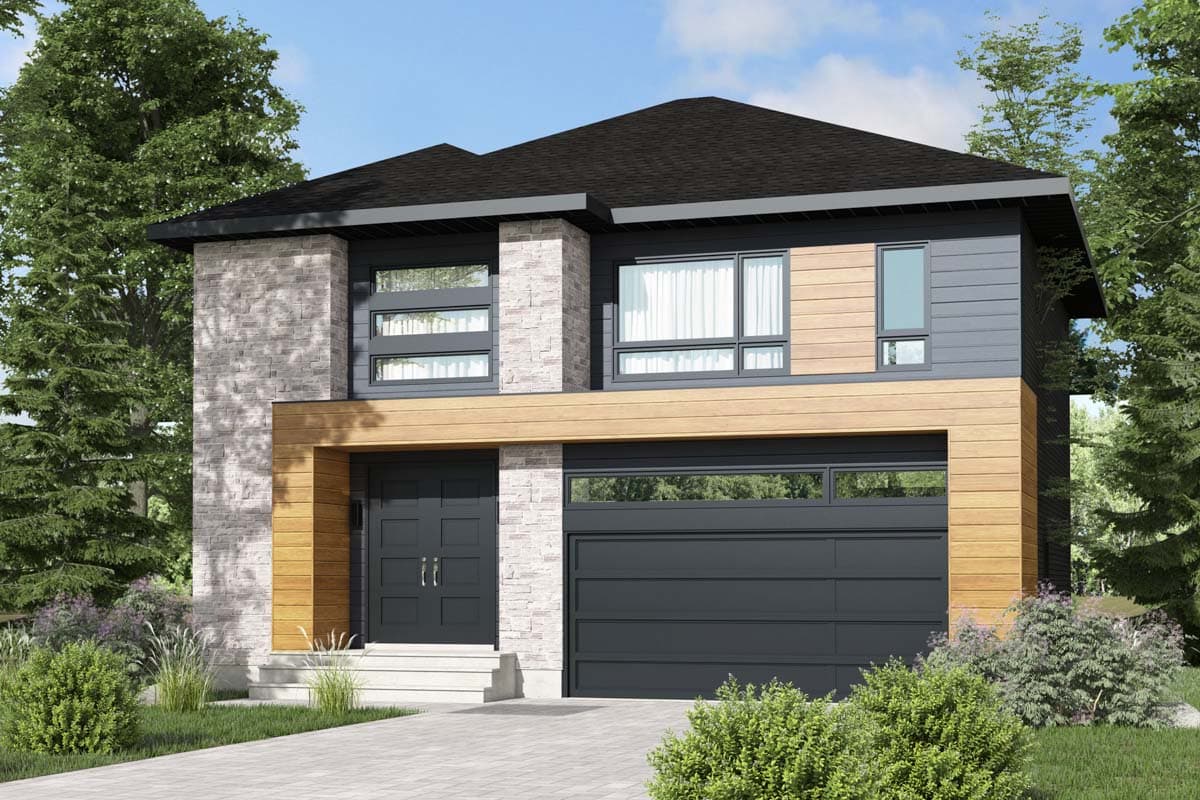 House plan exterior. Two-story modern style with brick facade, wood accents, and a dark-colored, two-car garage. Features include a flat roof.