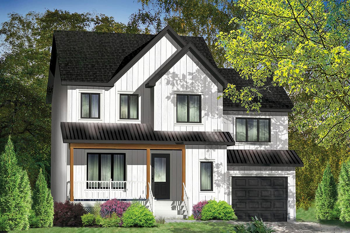 House plan exterior, Modern Farmhouse style, two stories, with shed roof porch, gable roof, and attached garage.