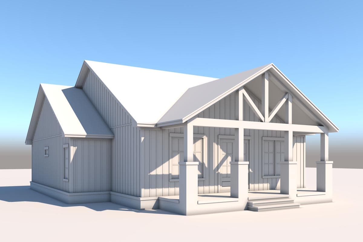 House plan exterior: one-story modern farmhouse with a gabled roof, covered front porch with support posts, and board-and-batten siding.