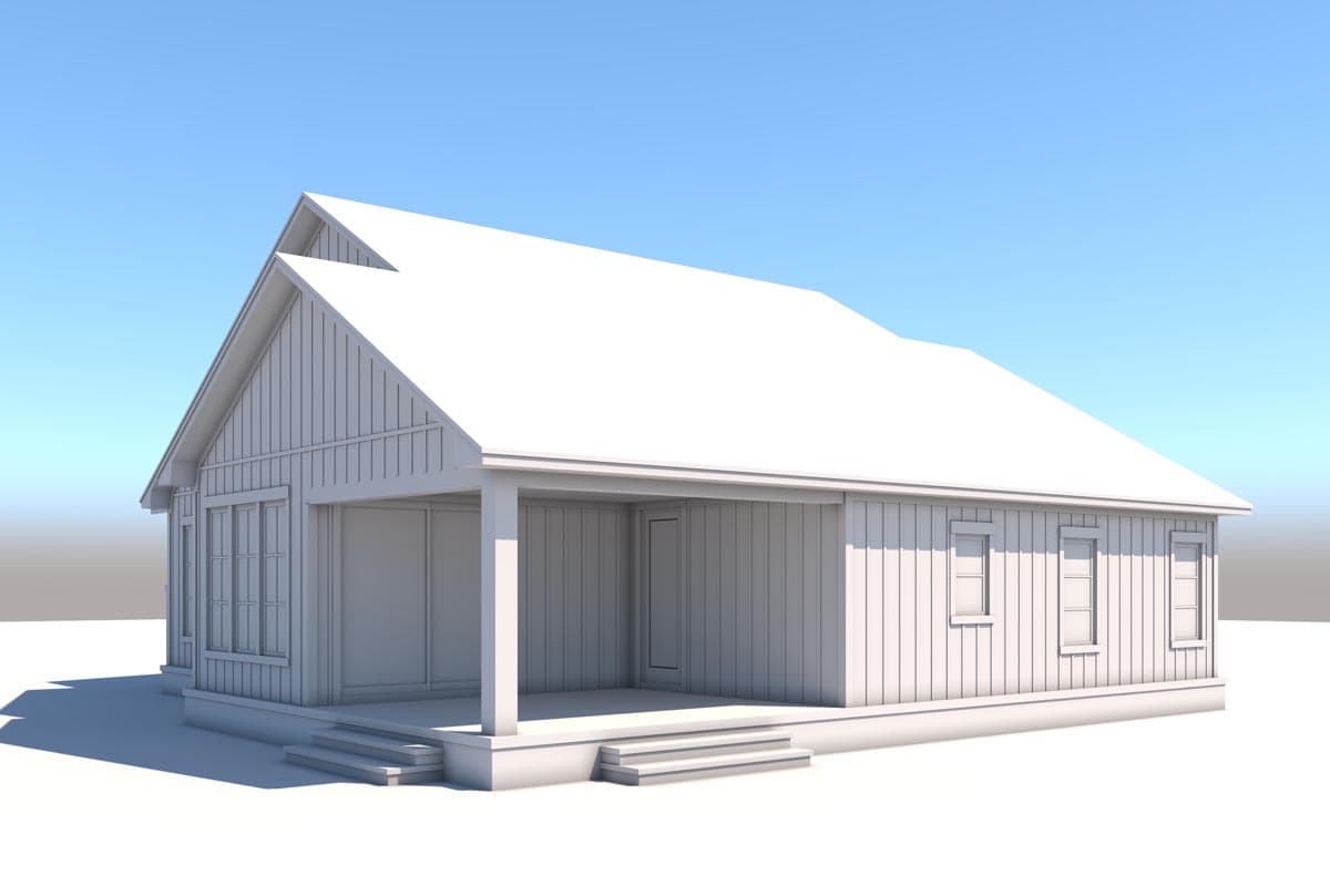 House plan exterior: one-story Modern Farmhouse with gabled roof, board-and-batten siding, and covered front porch.