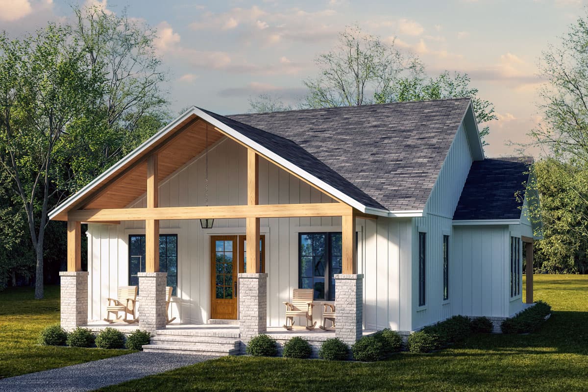 House plan exterior featuring a one-story, farmhouse style home with a gabled roof, covered porch, and columns supporting the roof.