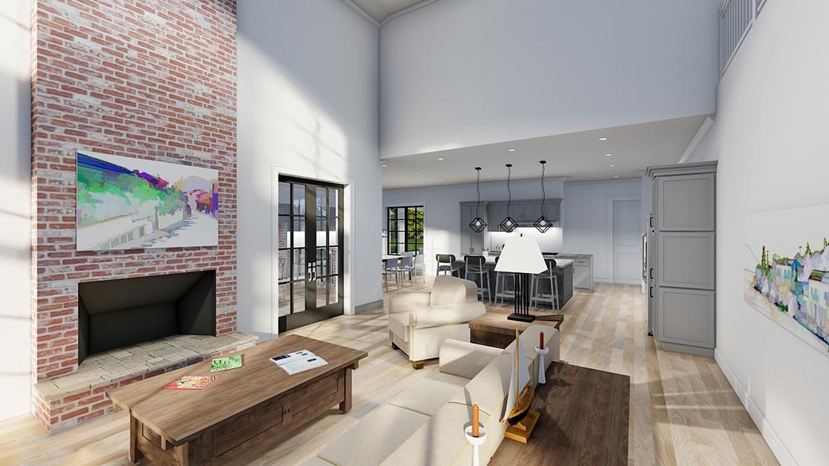 Rendering of an open-concept living area with a brick fireplace, vaulted ceiling, and kitchen island.
