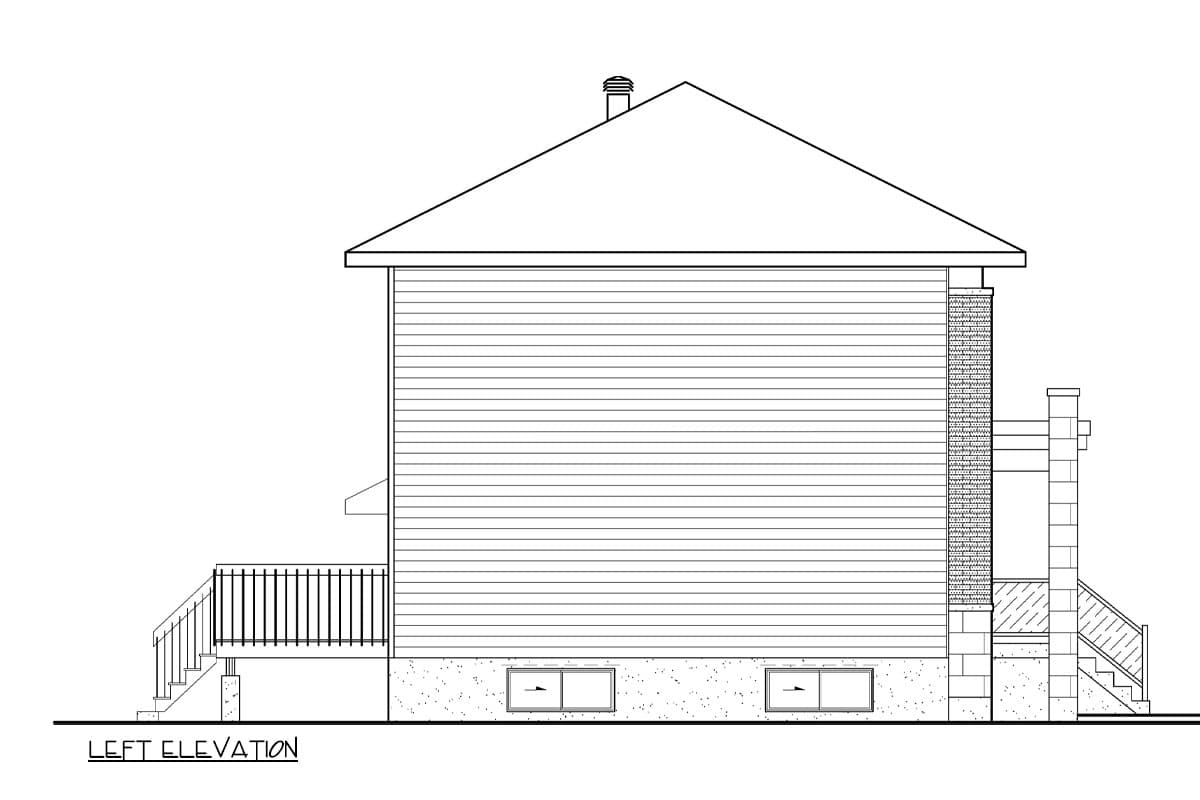Left elevation drawing of house with horizontal siding, gabled roof, chimney, and deck with stairs.