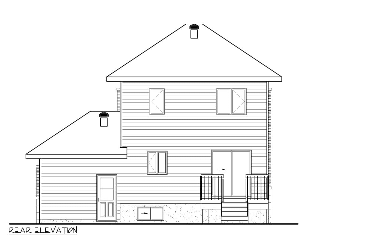 Rear elevation drawing of a two-story house with vinyl siding, a gable roof, two chimneys, a door, and a deck.
