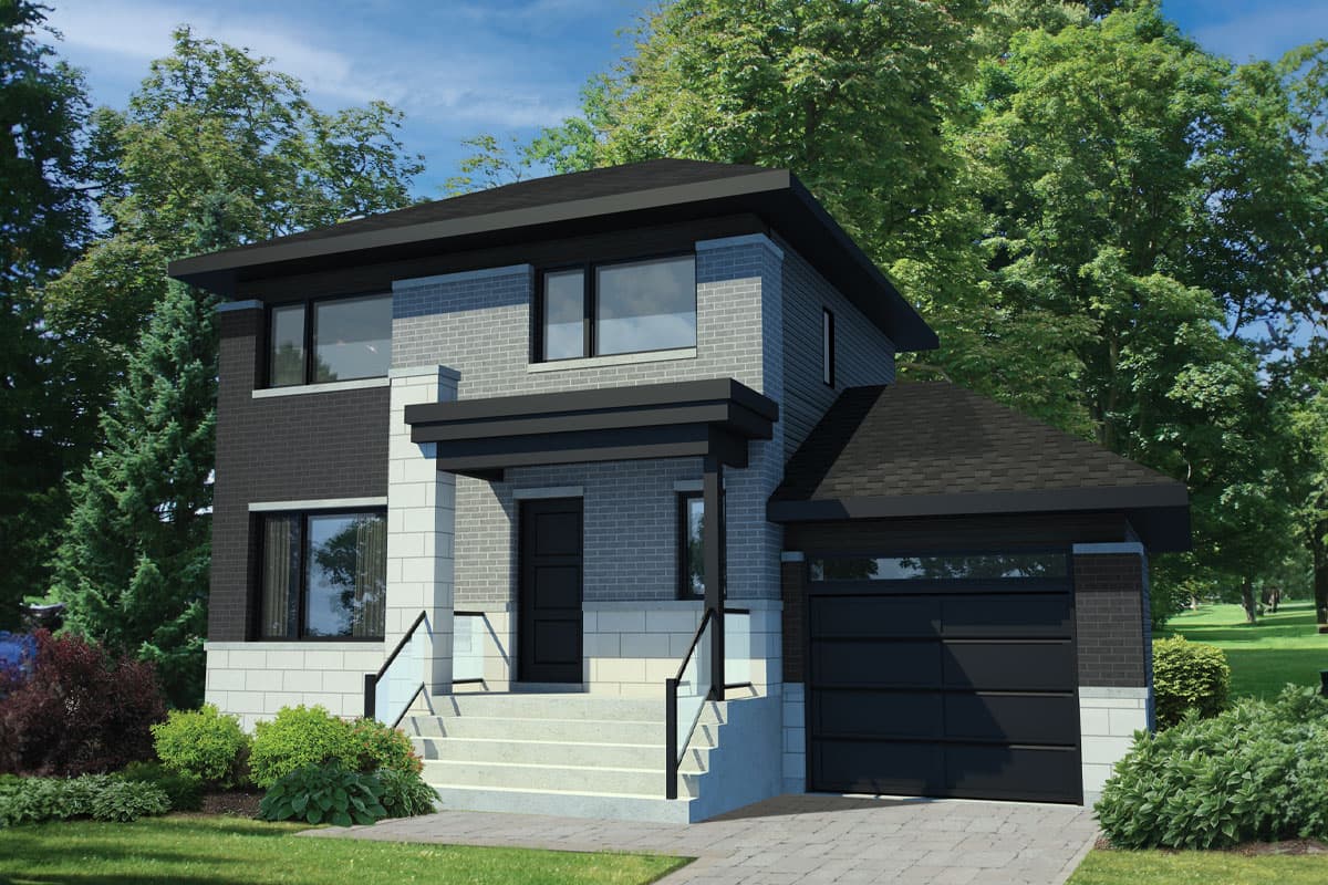 House plan exterior. Two-story modern style with brick facade, covered entry porch, and attached garage with a low-slope roof.