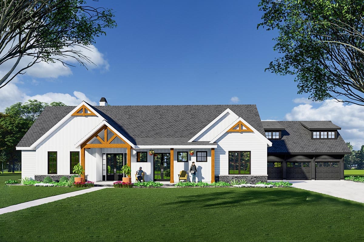 House plan exterior. Modern Farmhouse style with gabled roof, timber-framed porch, and dormers. Two-story with attached garage on the right.