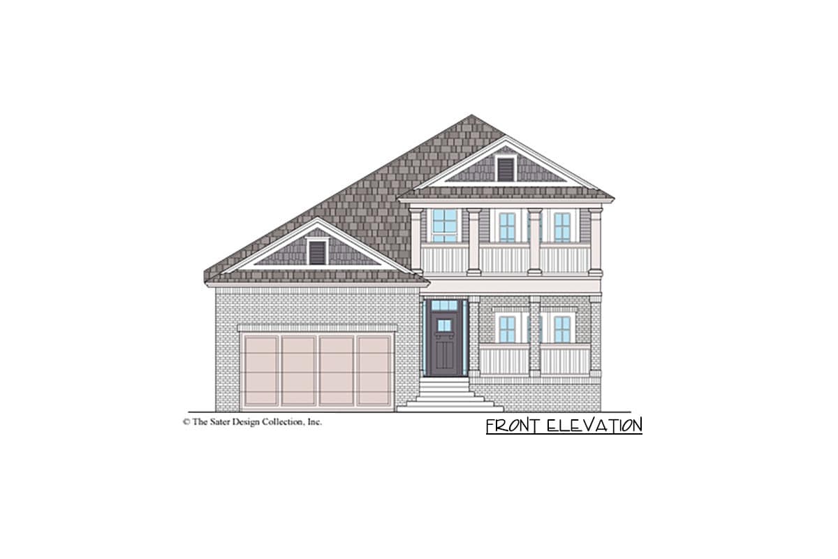Front elevation of a two-story house plan with a side-entry garage, brick exterior, covered front porch, and dormer windows.
