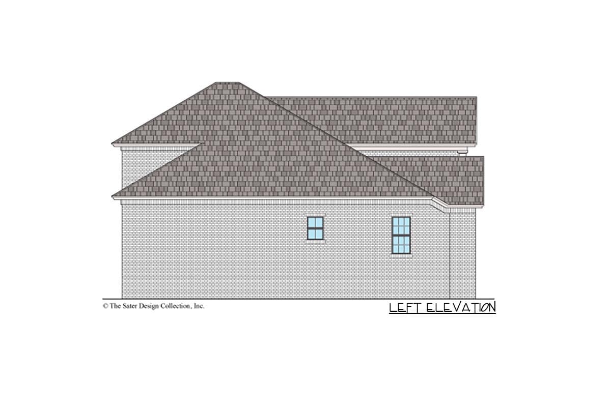 Left elevation house plan showing brick exterior with gabled roofline and two windows.