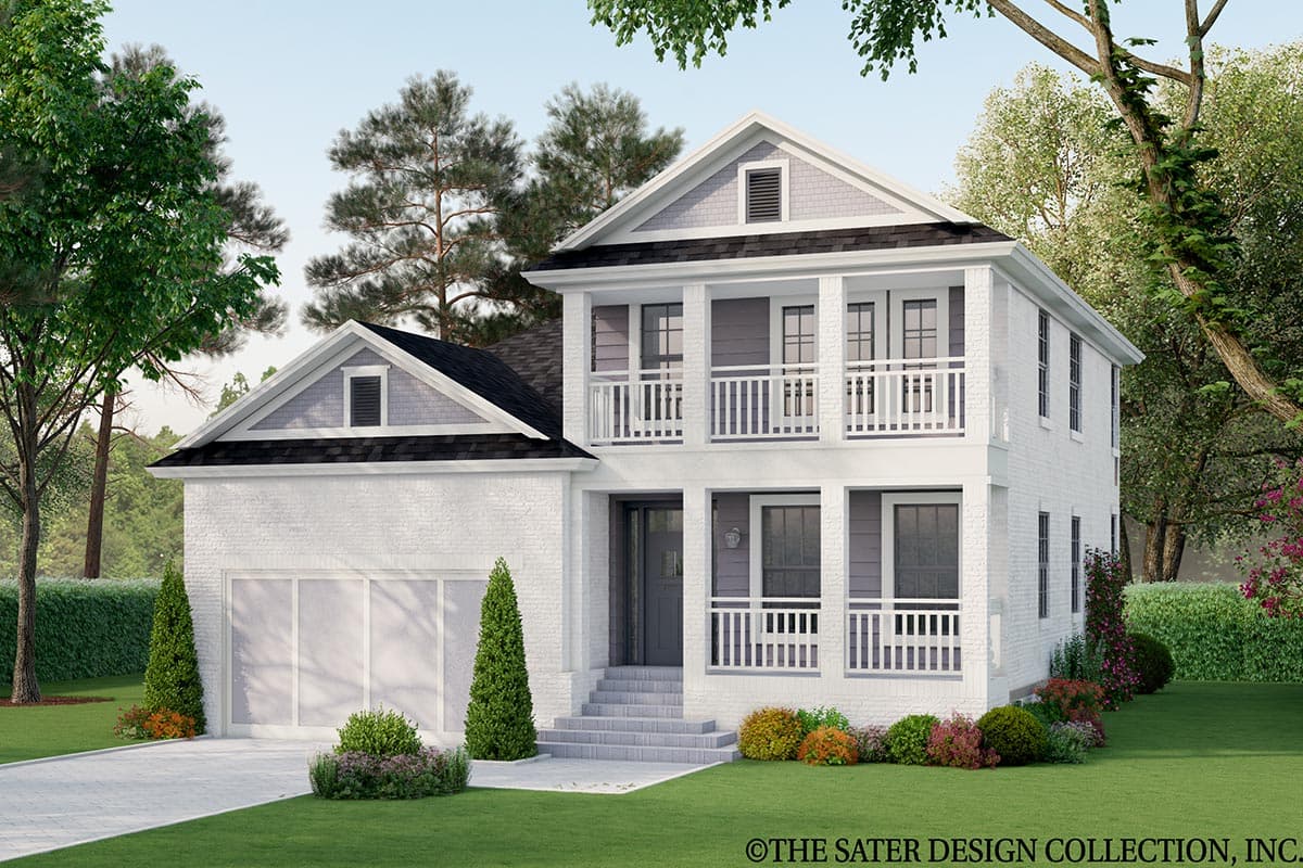 House plan exterior. Two-story home with a gabled roof, a front-facing balcony, and a two-car garage. Features include dormers.