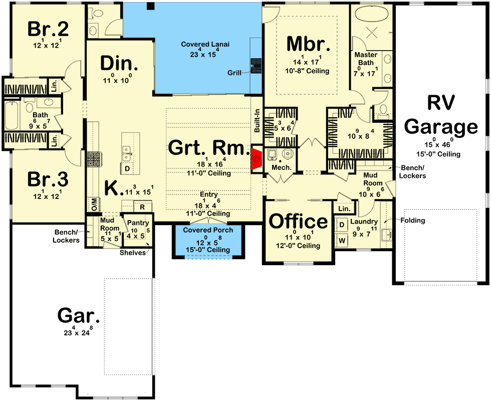 Plan 623226DJ: 2230 Square Foot Modern Prairie House Plan with 3 Beds and an RV Garage - Floor Plan - Main Level - Contemporary, New American, Prairie, Ranch, Transitional