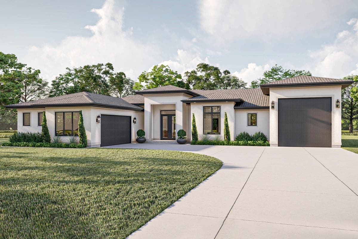 House plan exterior. Modern style, one-story home with a flat roof, attached garage, and symmetrical facade.