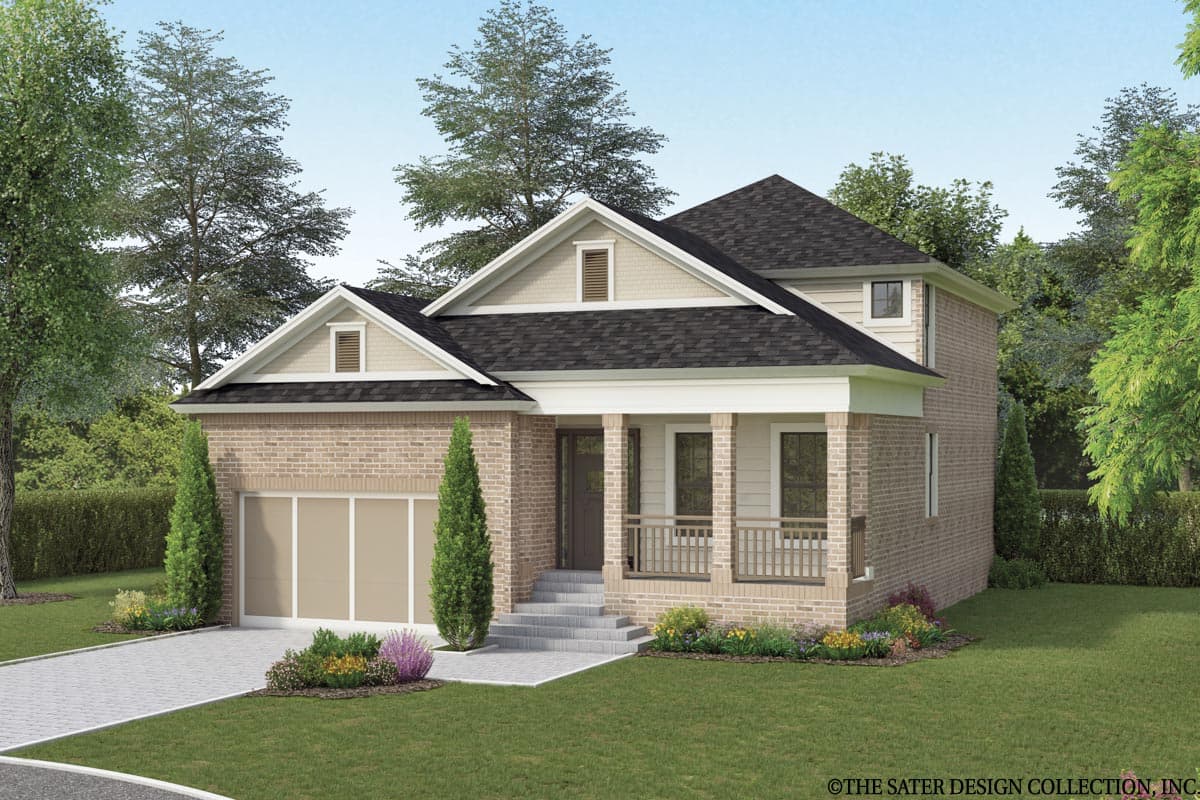 House plan exterior: Two-story home with brick facade, gabled dormers, covered porch with columns, and an attached garage.