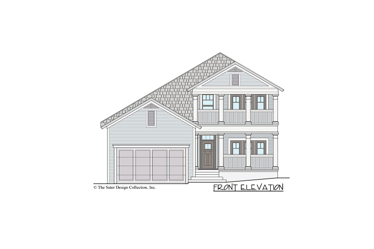 Front elevation house plan with a two-story porch, multi-pane windows, and a three-car garage.