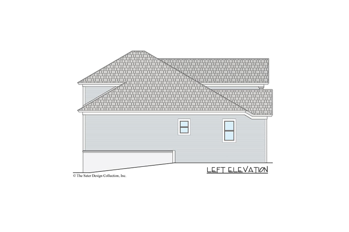 Left elevation of a two-story house plan with horizontal siding and intersecting gable rooflines.