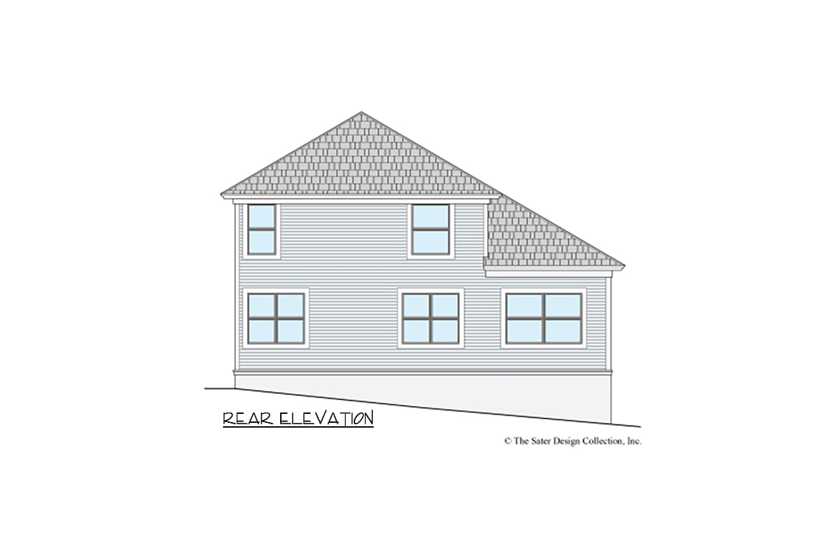 Rear elevation drawing of a two-story house with siding, a gable roof, and multiple windows.
