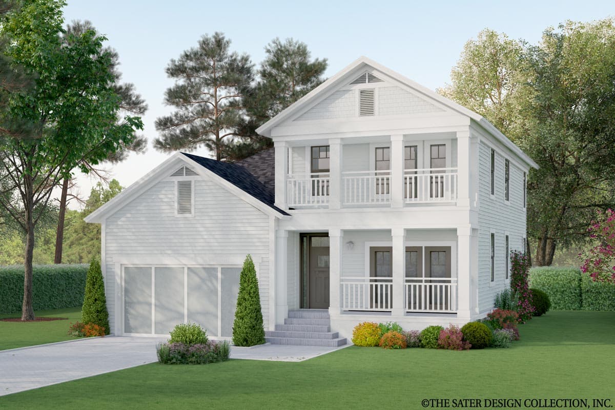 House plan exterior. Two-story Colonial-style home with a front porch, gables, and a detached garage with an attached gable.