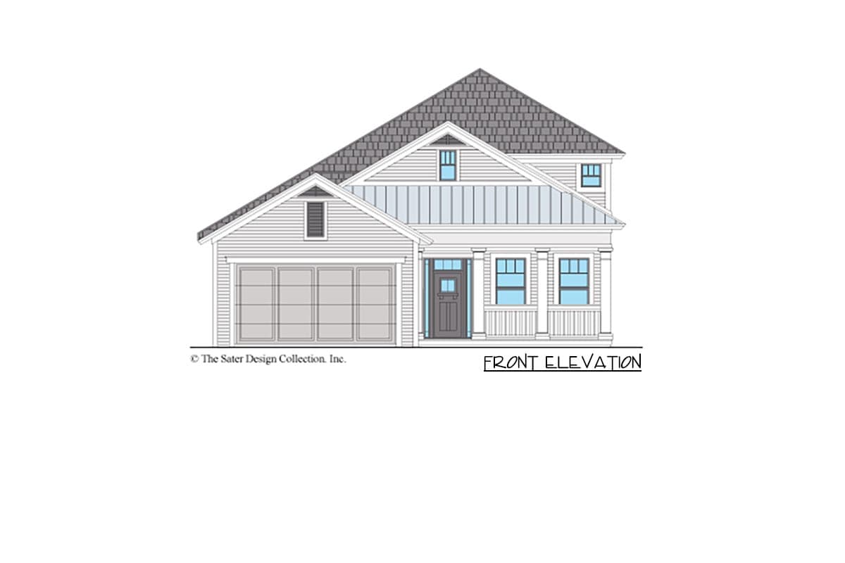 Front elevation drawing of a two-story house plan with a gable roof, front garage, and covered porch.