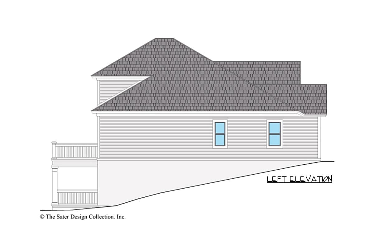 Left elevation house plan showing a two-story structure with a hip roof, dormers, horizontal siding, and a wraparound porch.
