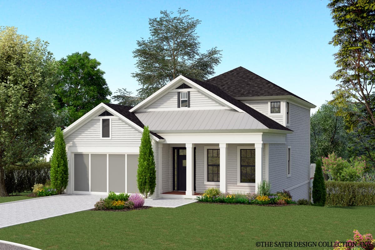 House plan exterior. Two-story home with a gabled roof, front porch with columns, and attached garage. Includes dormers and a metal roof accent.