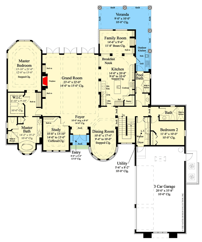 Plan 340116STR: Modern Tuscan House Plan Over 3500 Square Feet with Second Floor Deck - Floor Plan - Main Level - European, Florida-Style, Southern, Spanish, Tuscan