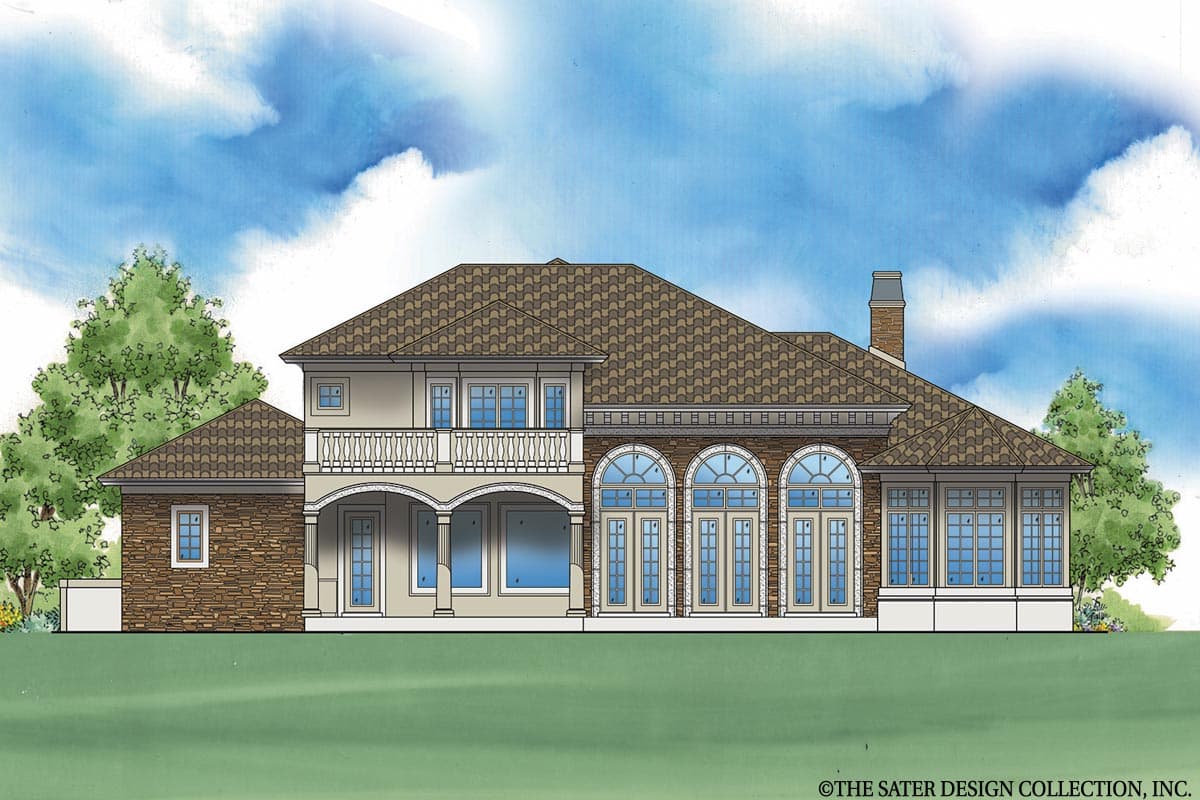 House plan exterior: two-story, stone accents, arched windows, balcony, and covered porch.