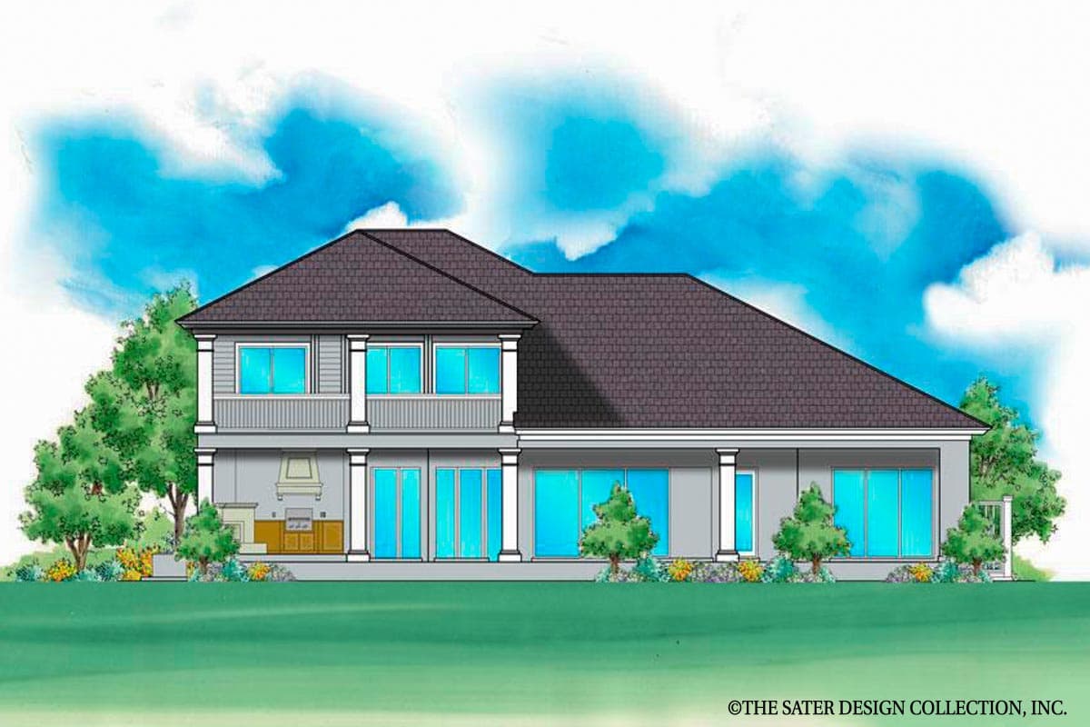 House plan exterior, two stories, prominent second-story balcony with columns, large ground-floor windows, and covered patio with outdoor kitchen.