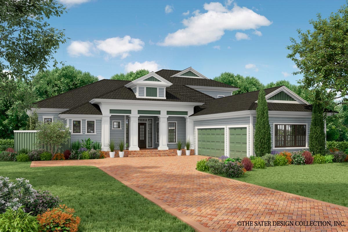House plan exterior. Two-story home with a gabled roof, dormers, and a front-facing garage with carriage-style doors. Front porch with columns.