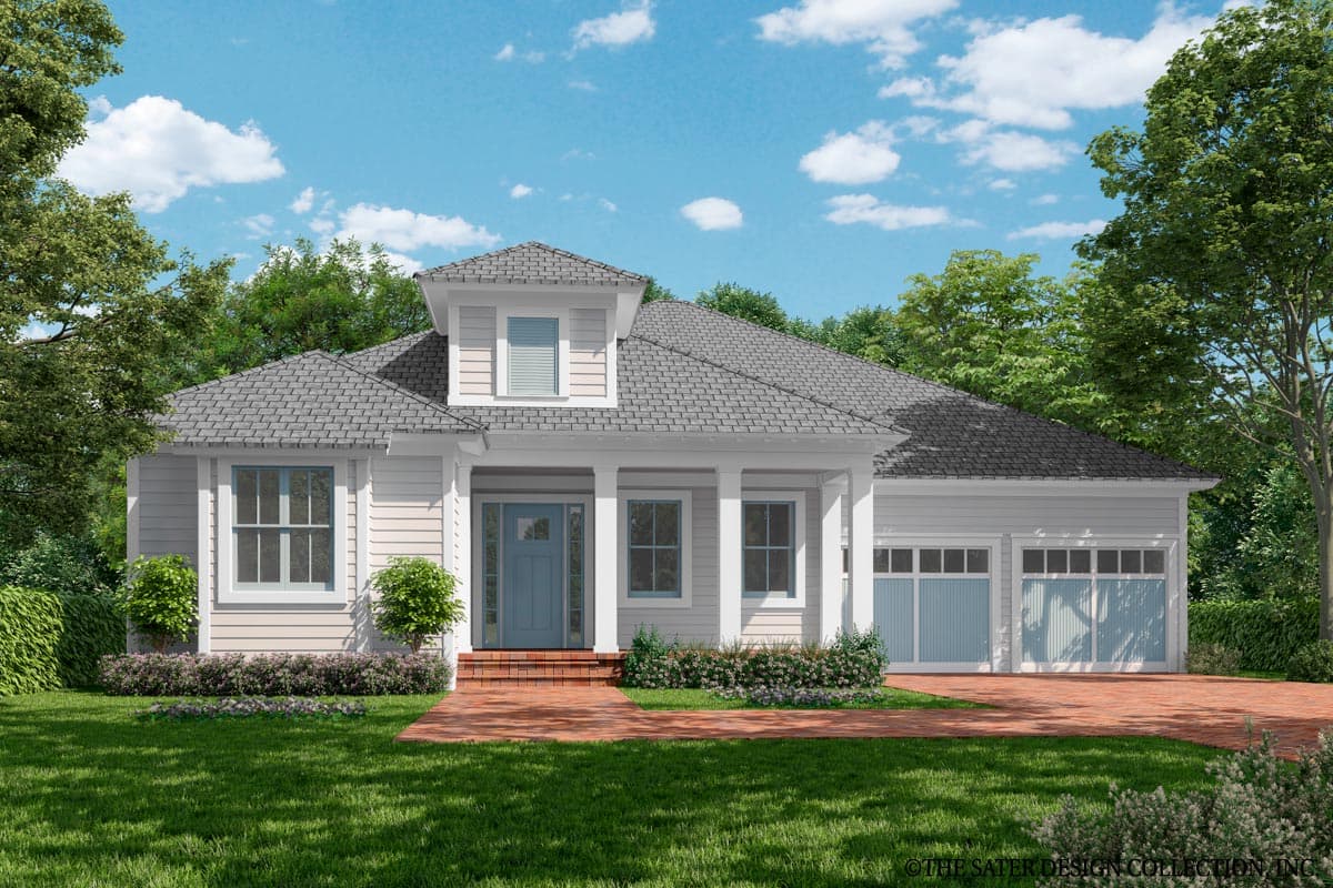 House plan exterior. Two-story home with a gabled roof, a front porch with columns, and a garage with two bays.