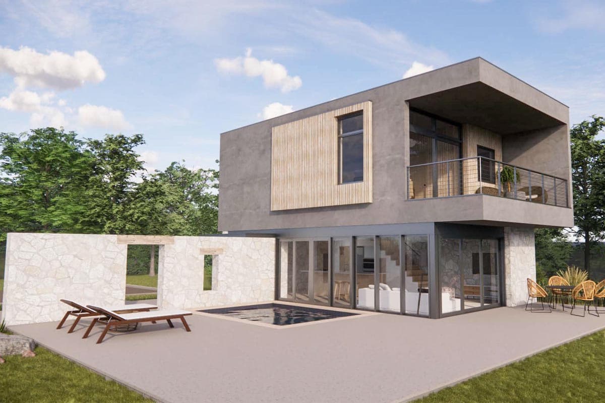 House plan exterior. Modern style with a two-story structure, cantilevered balcony, and extensive use of glass. Features wood siding accent.