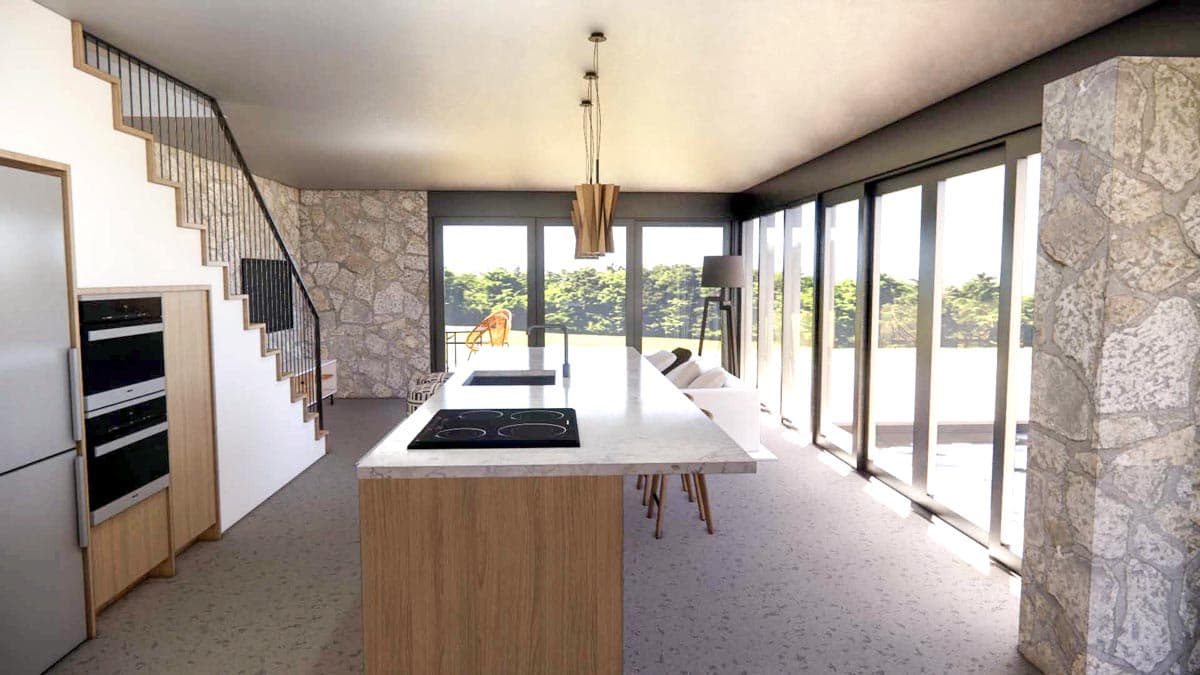 Modern kitchen with island, integrated appliances, and open-concept living area featuring a stone accent wall and large windows.