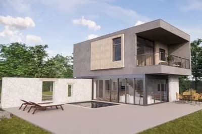 Two-Story Modern Guest House Plan with Privacy Wall