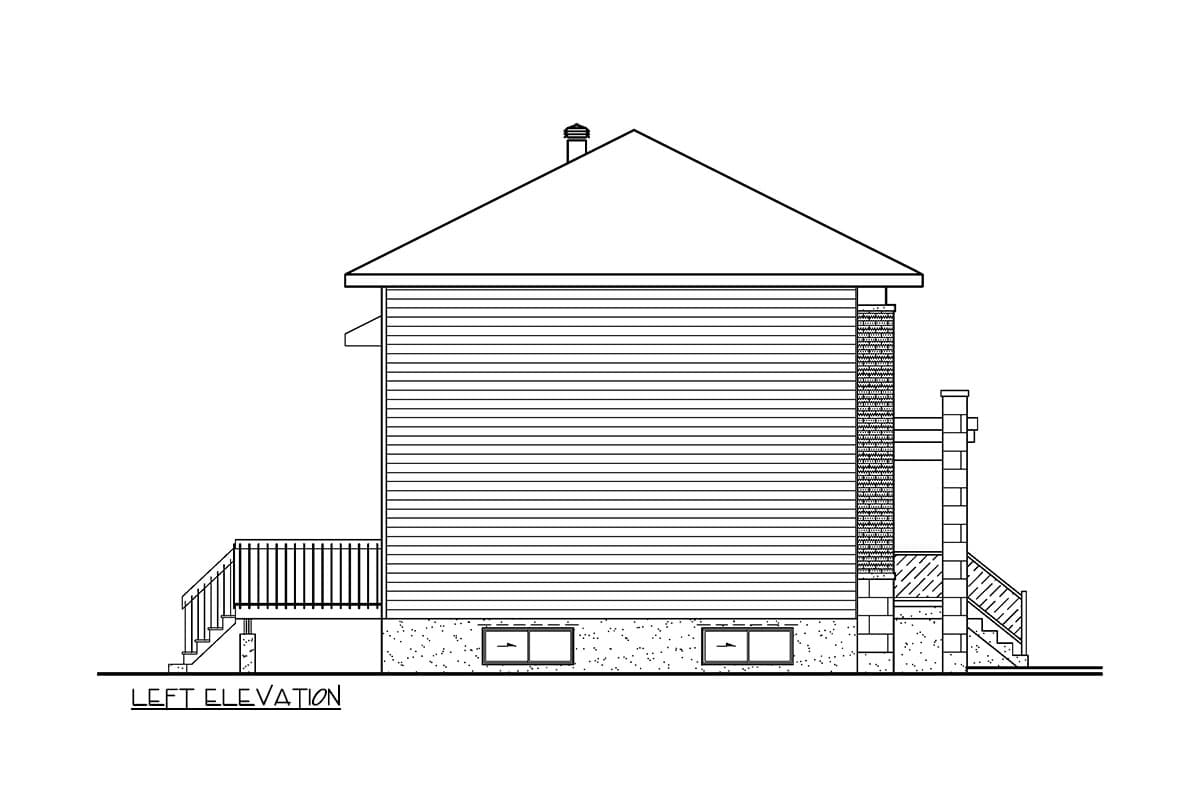 Left elevation drawing of a house plan showing siding, brick chimney, deck, and basement windows.