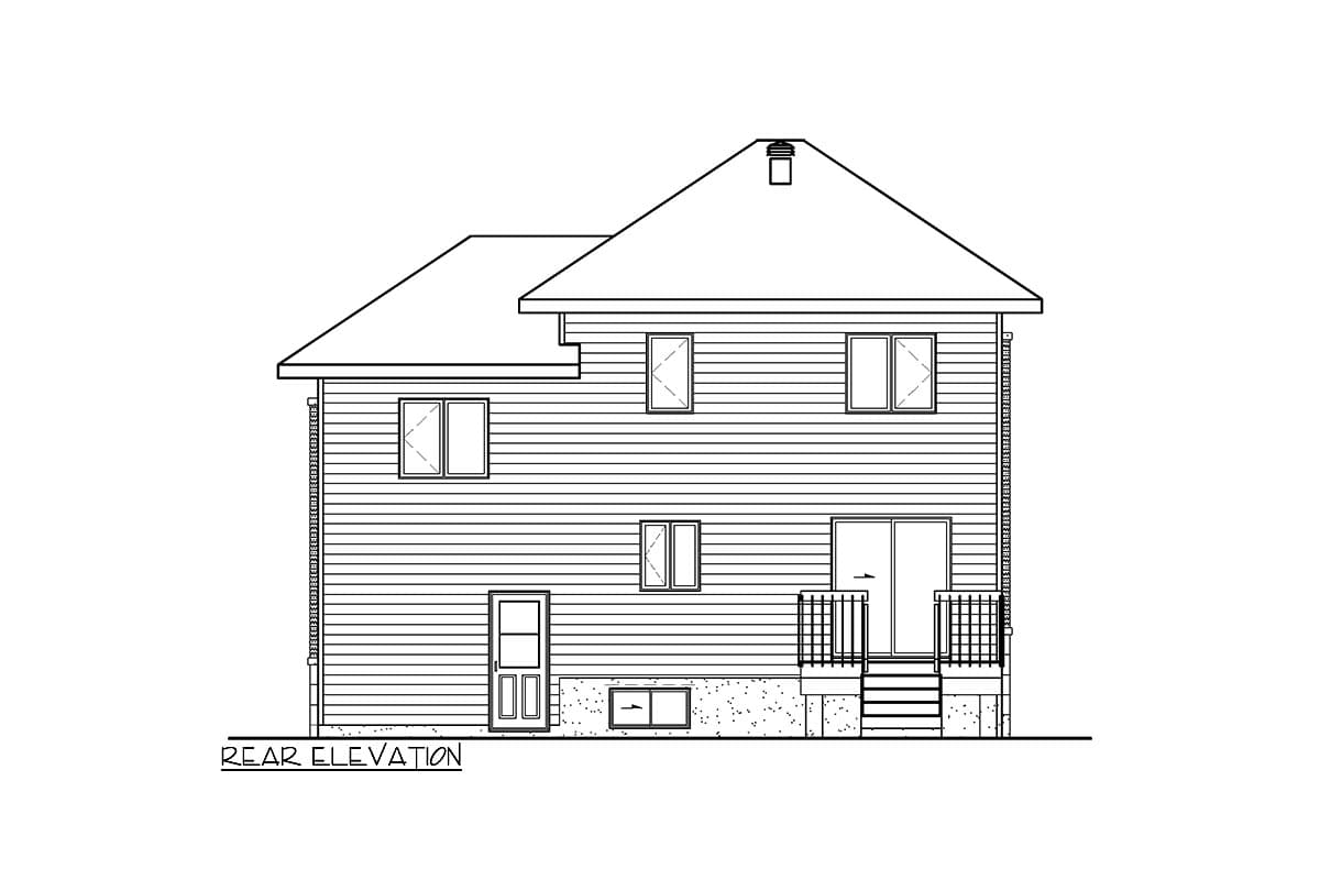 Rear elevation of a two-story house plan featuring horizontal siding, multiple windows, a door, and a deck with stairs.