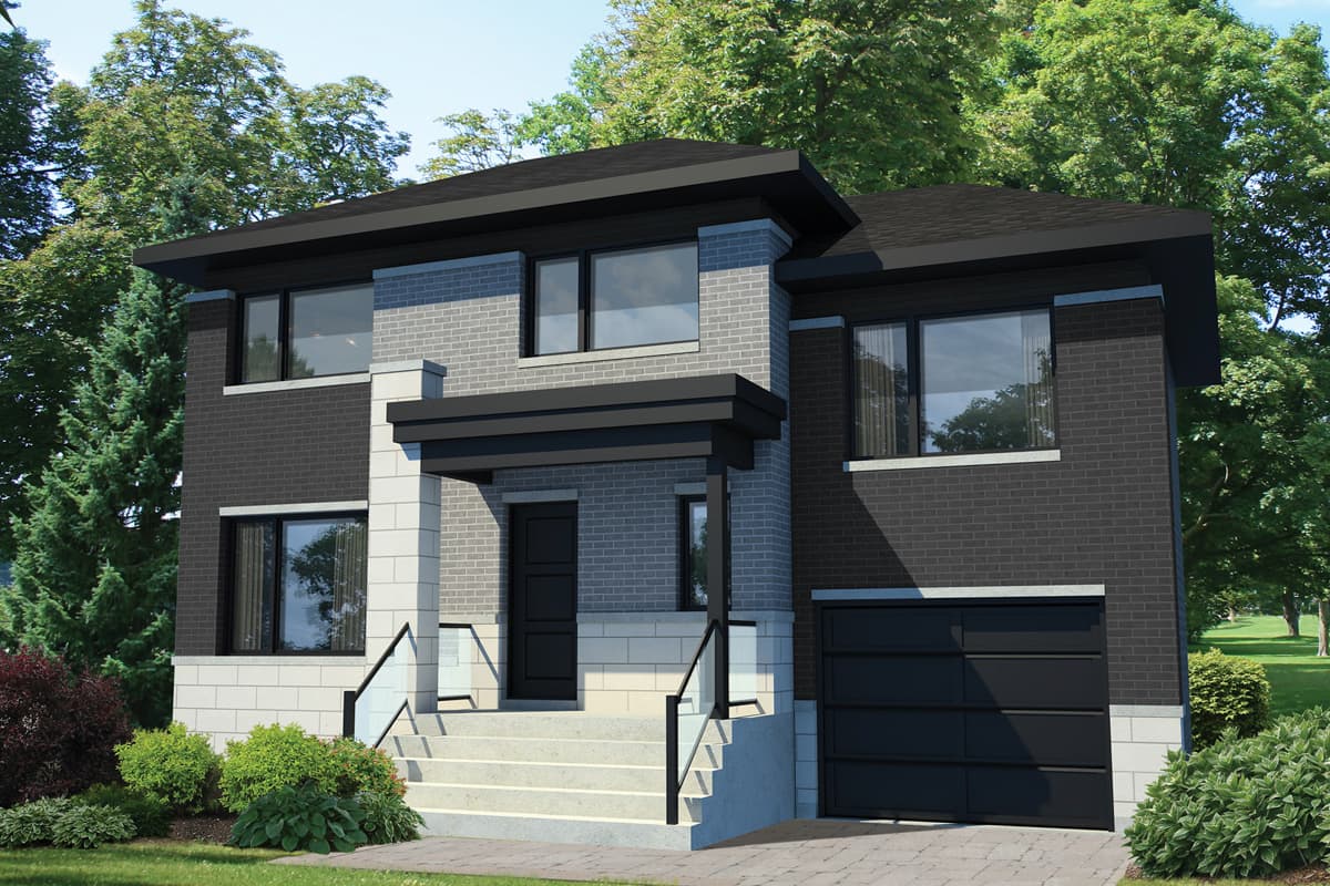 House plan exterior. Two-story modern style home with a flat roof, prominent rectangular windows, and a covered entry. Includes an attached garage.