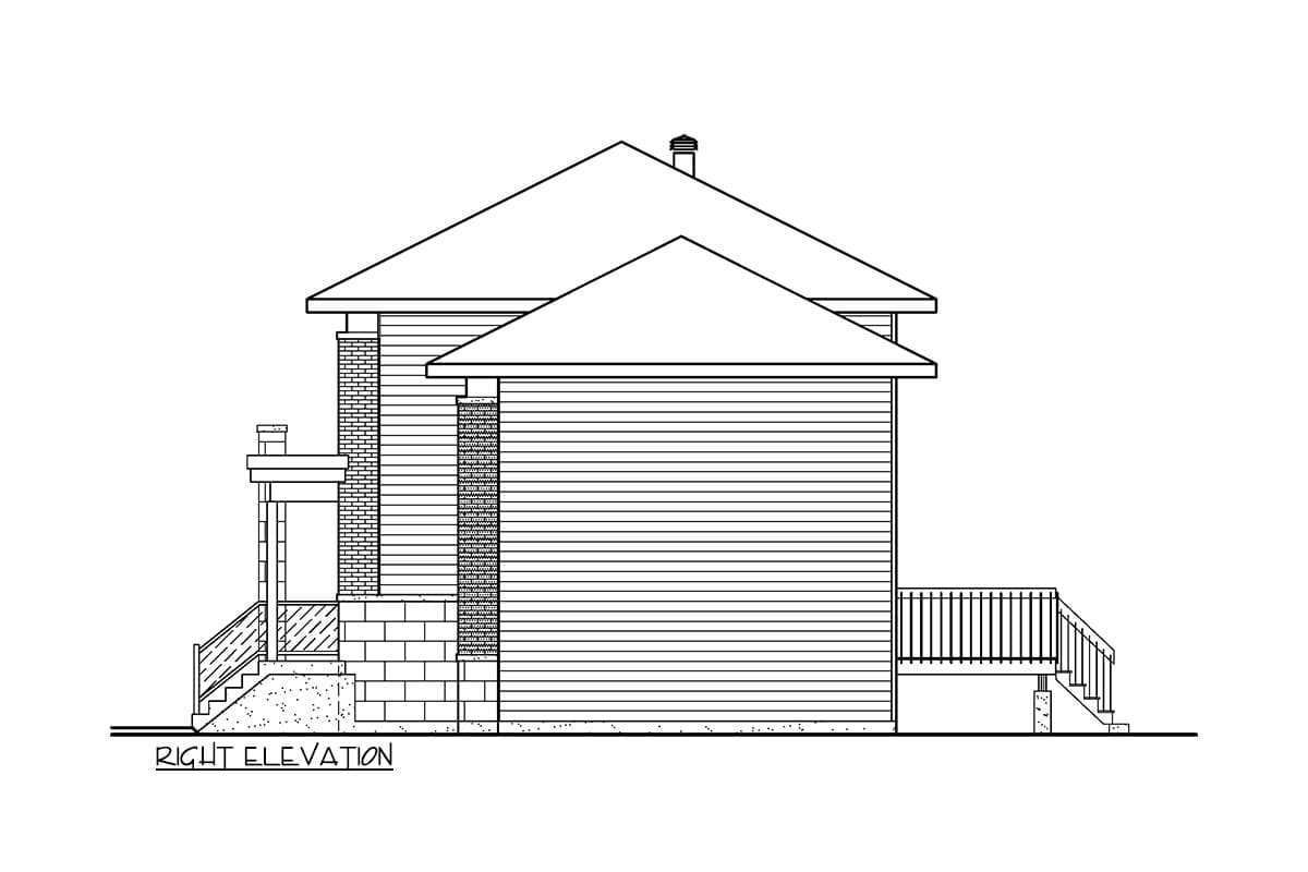 Right elevation house plan with gabled roof, brick chimney, siding, and side porch with railing.